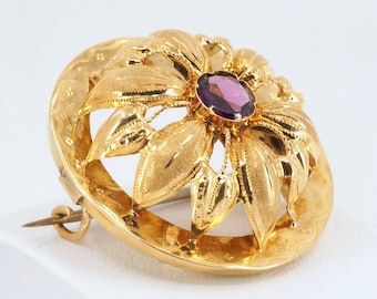 REDUCED! 1880s stamped 18K Solid gold Brooch Victorian era antique Flower dome Pin Fine gold jewellery purple paste