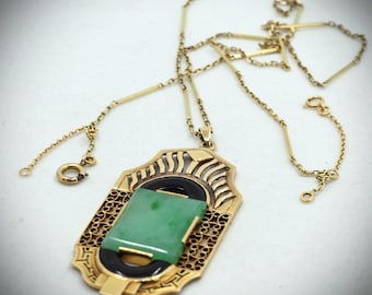 Impressive large  genuine Art Deco pendant and cable chain in 14K and 18K solid gold with Jadeite and Onyx Hallmarked fine gold jewelry