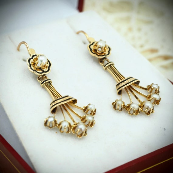 Chandelier 18K solid gold earrings with pearls an… - image 1