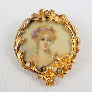 Rare antique solid gold brooch Stamped 18K solid gold baroque frame Hand painted pin Woman portrait Fine antique gold jewelry image 1