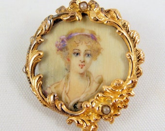 Rare antique solid gold brooch Stamped 18K solid gold baroque frame Hand painted pin Woman portrait Fine antique gold jewelry