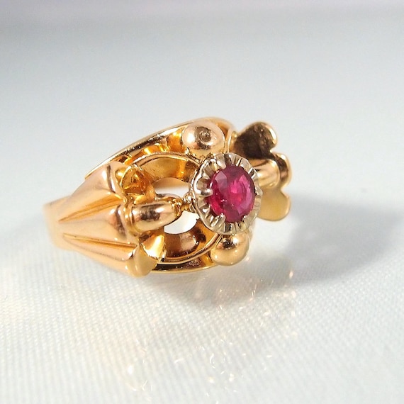 Art Deco 18K Solid Gold Ruby Ring, Stamped French… - image 1