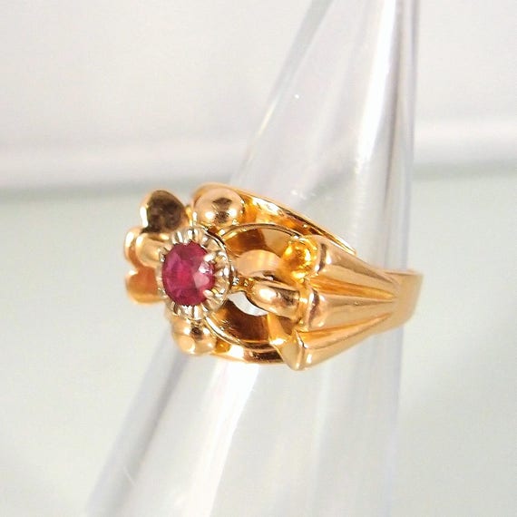 Art Deco 18K Solid Gold Ruby Ring, Stamped French… - image 3
