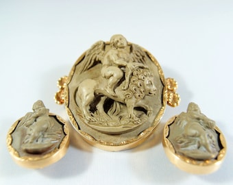 Museum quality Italian Lava cameo set Brooch and earring stamped gold set Stamped 18K and 14K fine gold jewelry Rare art object