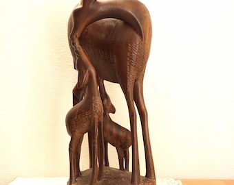 Original Vintage Hand Carved Wooden African Sculpture of a gazelle and her fawns. Superb Folk art.