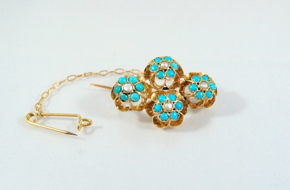 SALE! Rare 1890s turquoise and demi pearls brooch