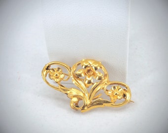 Edwardian solid gold brooch Gold flower French stamped 18K solid gold pin 1890s fine genuine Art Nouveau jewelry