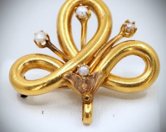 REDUCED! 1900s pretty 18K solid gold pin Stamped love knot brooch Genuine antique French gold and pearl pin Fine gold jewelry