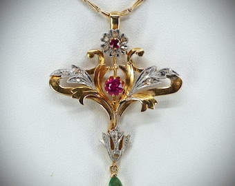 18K solid gold Art Nouveau pendant with emerald Stamped fine gold genuine period bright yellow and white gold cross