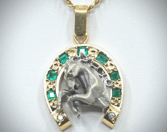 Rare estate equestrian horse shoe pendant in 18K solid gold and silver natural emerald and diamonds Hallmarked
