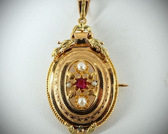 Estate 18K solid gold medallion pendant / brooch Genuine period Pearls and tourmaline Two tone gold pendant Edwardian Hallmarked