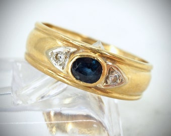 18K solid gold ring with diamonds and a sapphire Fine gold bridal jewelry Engagement Wedding Stamped