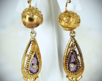 Estate rare 18K solid gold earring 1880s stamped drop earrings with amethyst and demi-pearl Hallmarked