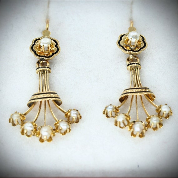 Chandelier 18K solid gold earrings with pearls an… - image 9