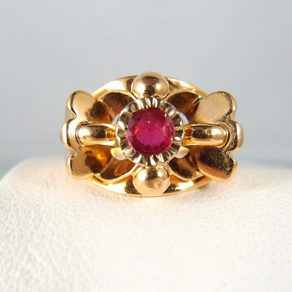 Art Deco 18K Solid Gold Ruby Ring, Stamped French… - image 2