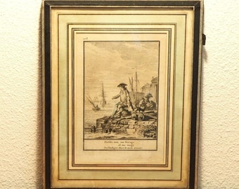 Original 19th Cent. Romantic etching of lonely man Poem by well known 18th Cent. French author