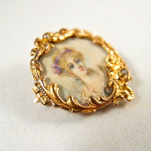 Rare antique solid gold brooch Stamped 18K solid gold baroque frame Hand painted pin Woman portrait Fine antique gold jewelry image 4