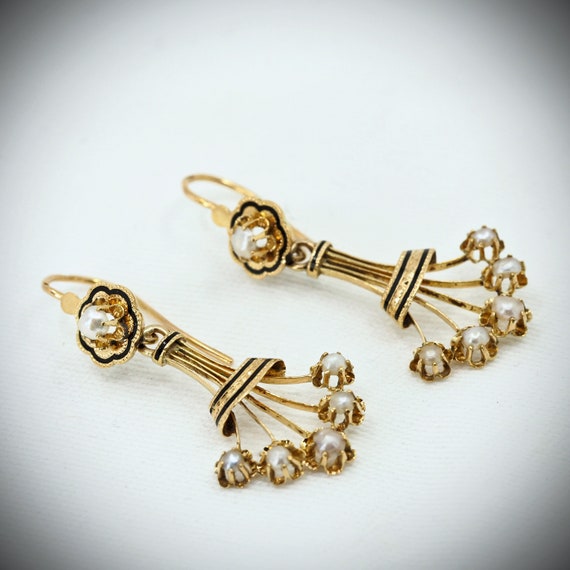 Chandelier 18K solid gold earrings with pearls an… - image 4
