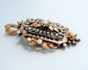 REDUCED! Rare antique 18K solid gold and silver brooch Estate stamped gold and pearl jewelry 1870s rose gold pin Filigree gold leaf pendant