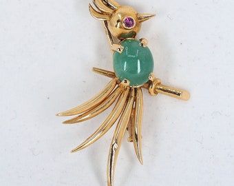 Splendid 18K solid gold bird on a branch ring 1.8ct cabochon natural emerald and red ruby eye Hallmarked fine jewelry