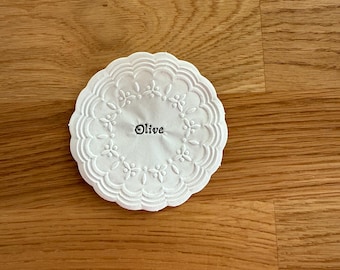 50 personalized White Paper Doilies for your event, party or wedding.