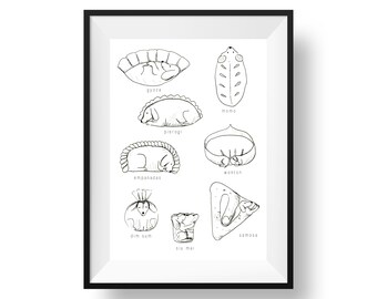 May include: Black and white line drawing illustration of different types of dumplings, including gyoza, momo, pierogi, empanadas, wonton, dim sum, siu mai, and samosa.