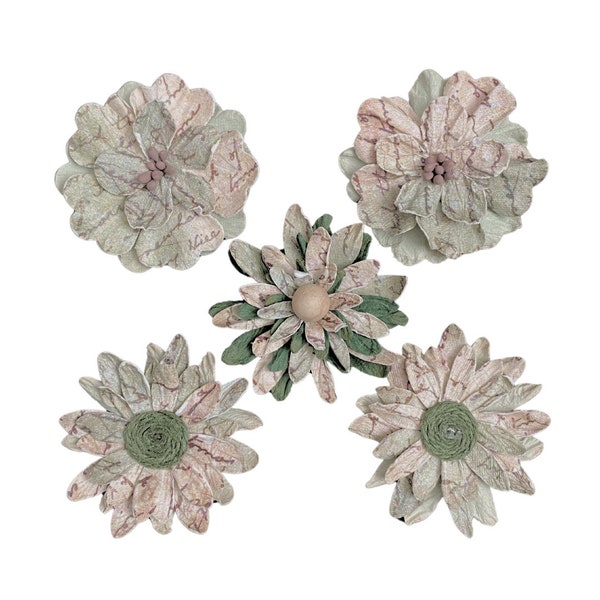 Soft Green Paper Flower Embellishments | 5 pack | Great for Scrapbooking, Junk Journals, and other Craft Projects