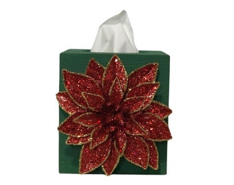 Christmas Poinsettia Tissue Box Cover | Wood Square Tissue Holder | Christmas Bathroom Accessory and Decor