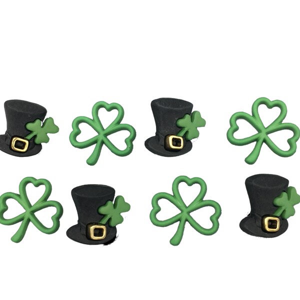 St Patricks Day Theme Buttons |  8 Irish Themed Embellishments | Leprechaun Hat | 3 Leaf Clover Shamrock | Fun Novelty| Jewelry Making