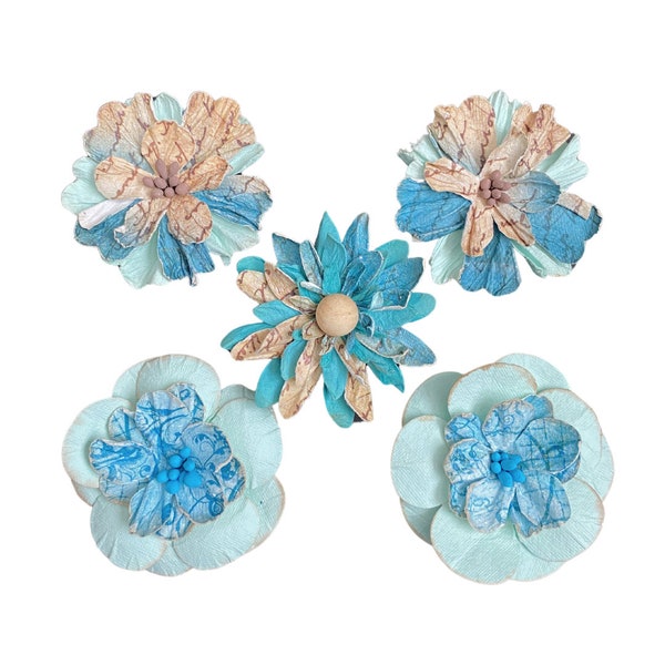 Aqua Blue Paper Flower Embellishments | 5 pack | Great for Scrapbooking, Junk Journals, and other Craft Projects
