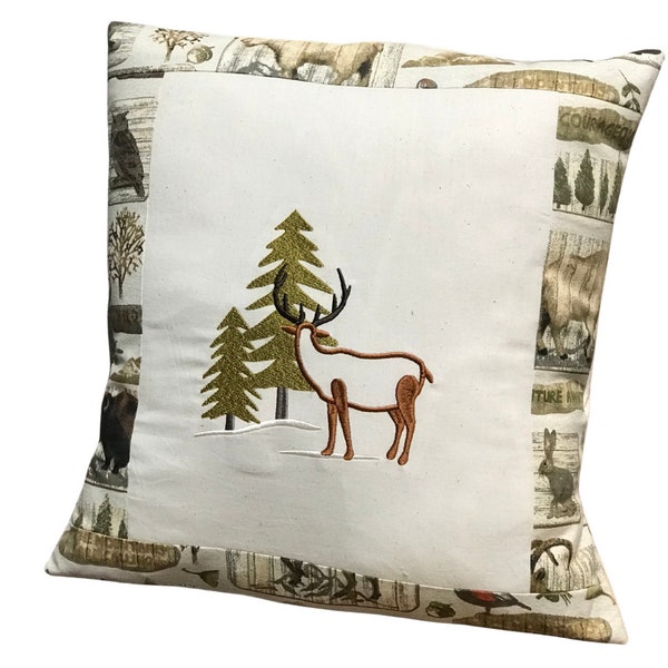 Embroidered Woodland Pillow Cover | 16x16 | Indoor Decorative Couch Pillow | Wildlife Outdoor Mountain Theme