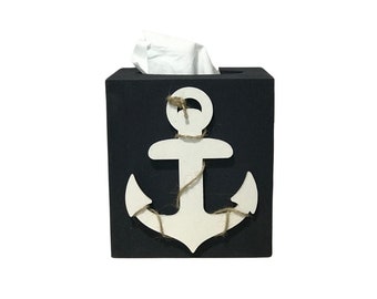 Anchor Tissue Box Cover | Nautical Coastal Theme Bathroom Accessory | Square Wood Tissue Box Cover | Navy Blue and White