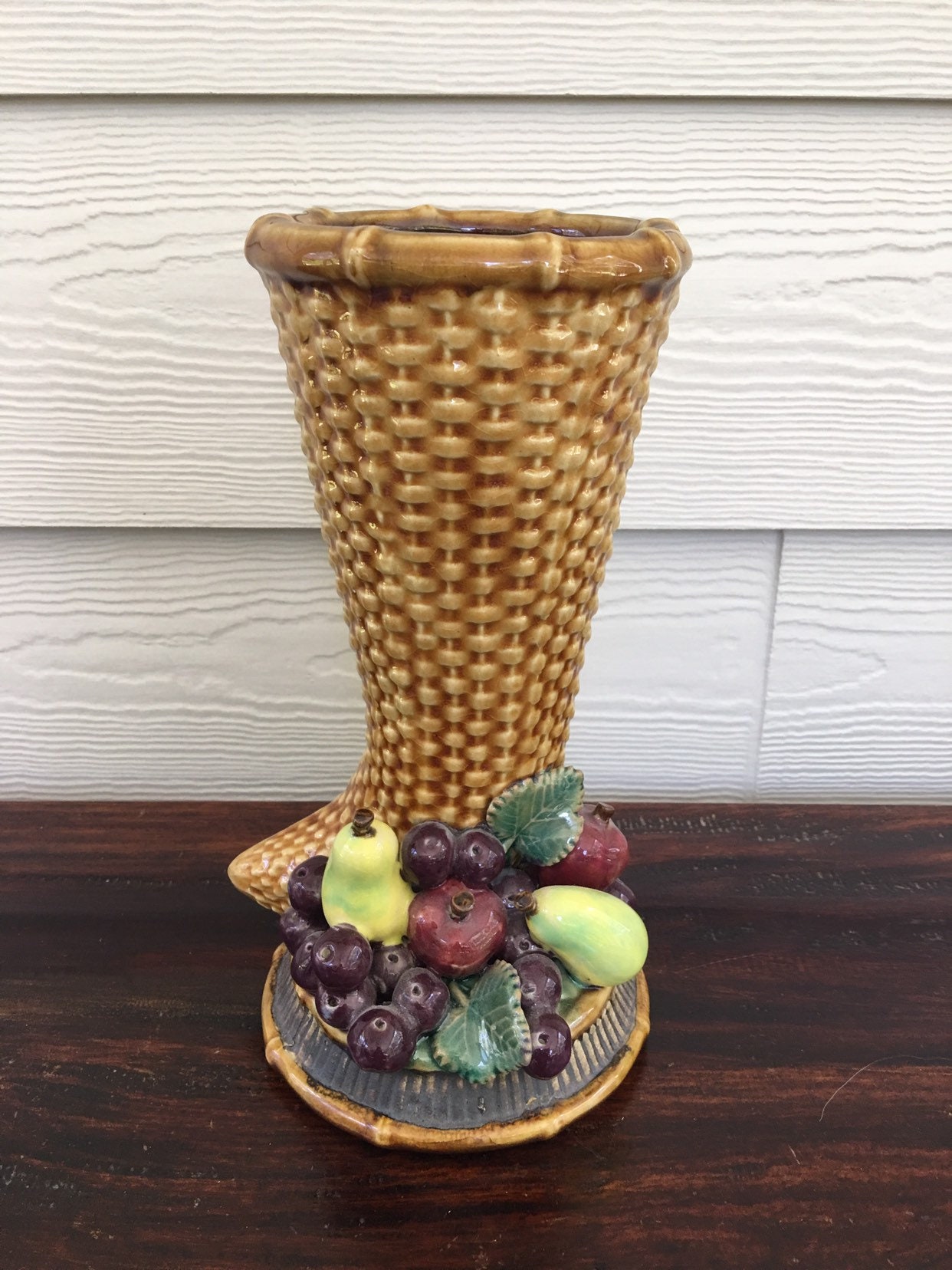 Vintage Cornucopia Woven Pottery Vase With Raised Fruit Design Etsy