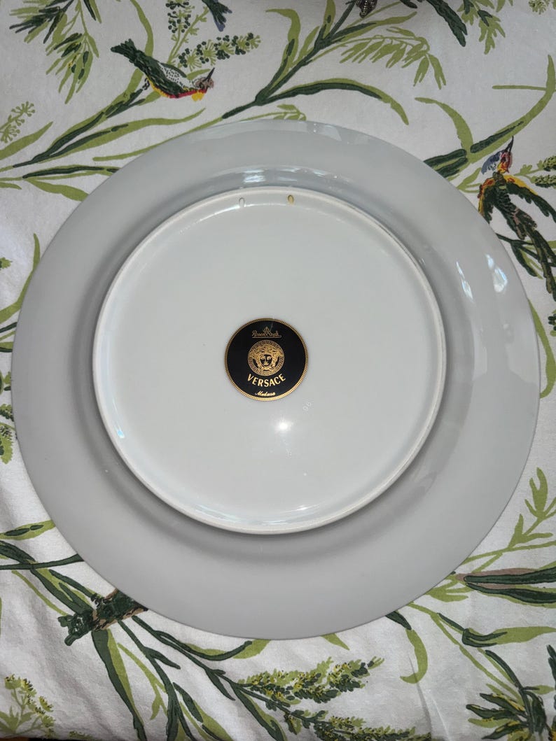 Puede incluir: Un plato de porcelana blanco y gris con el logotipo de Versace en la parte inferior. El plato es redondo con un borde ancho y est&aacute; sobre un fondo con estampado floral.