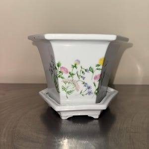 Ceramic flower pattern  hexagonal pot with saucer 5 in tall