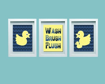 DUCK BATHROOM Wall Art Gray Yellow Duck Decor Rubber Duckie | Etsy