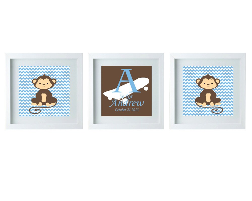 Monkey Nursery Decor Blue Brown Chevron Decor Personalized Etsy