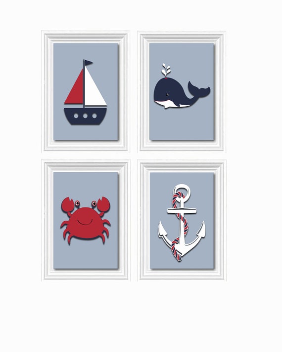 Nautical Decor Nursery Art Beach Crab Anchor Boat Whale Ocean Etsy