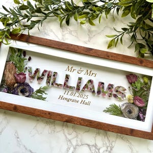 18x7 inch floral name frame for surnames upto 7 letters. Flower preservation gift, wedding