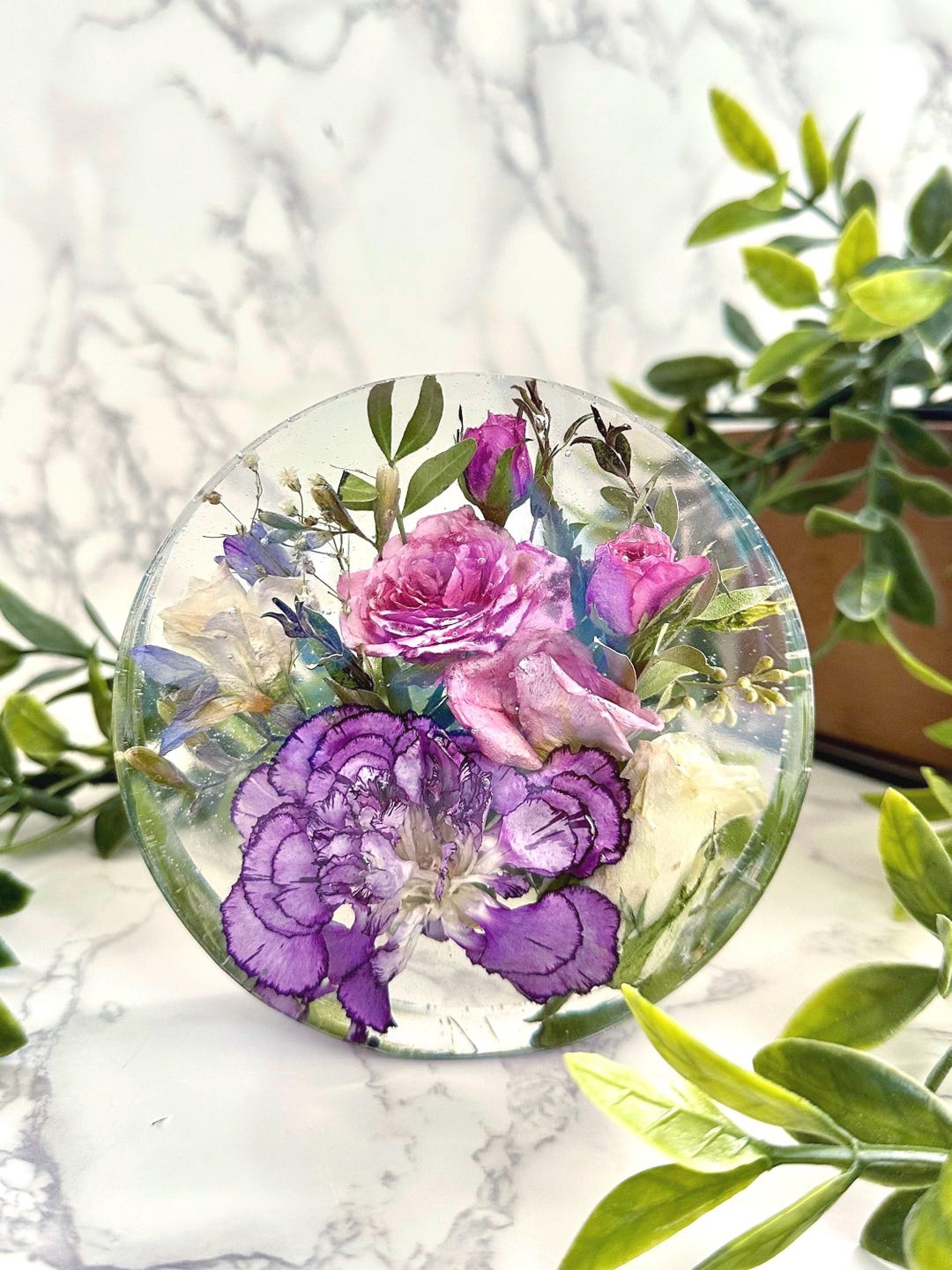 Wedding Bouquet Preservation Round Resin Block | Memorial Flower ...