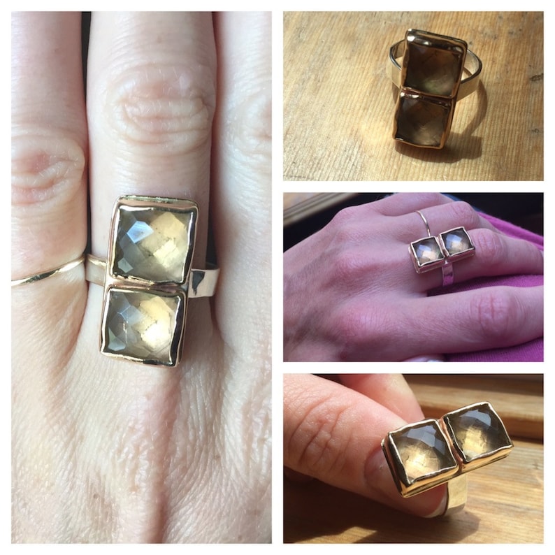 Double Citrine Linx Ring Square faceted stones hammered thick band statement gold bezels handmade silver wide two toned metals genuine