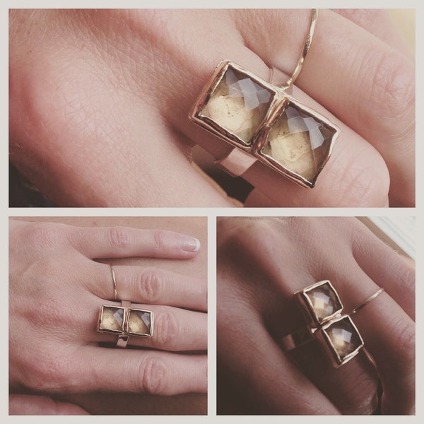 Double Citrine Linx Ring |  Square faceted stones hammered thick band statement gold bezels handmade silver wide two toned metals genuine