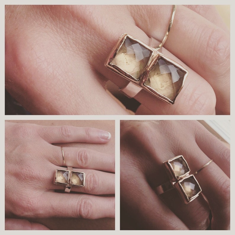 Double Citrine Linx Ring Square faceted stones hammered thick band statement gold bezels handmade silver wide two toned metals genuine