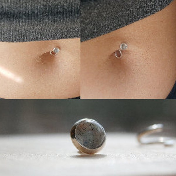 Europa Belly Button Barbell | piercings body jewelry simple minimal labradorite classy petite rings .999 fine silver 14k solid gold stones