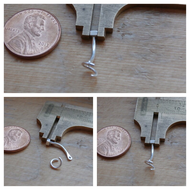May include: A close-up of a silver earring with a hook closure and a small, coiled wire detail. The earring is measured against a penny for size comparison.