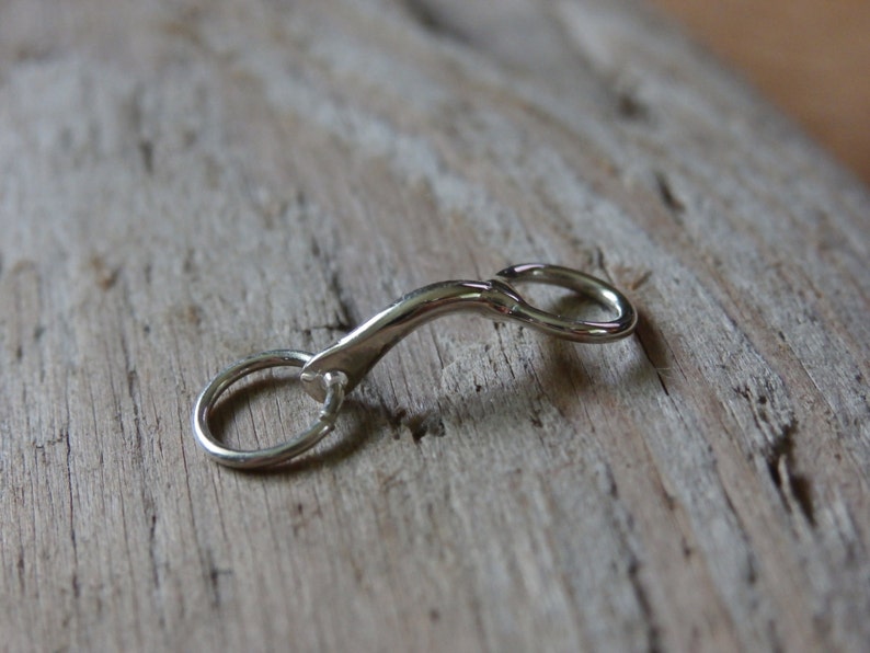 May include: A silver metal key chain with a curved design and a small ring.