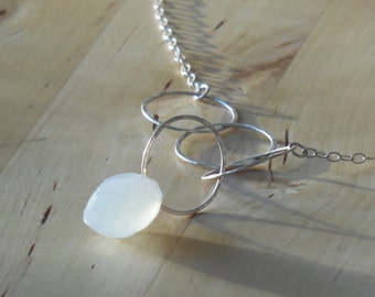 Chalcedony & Looped Ring Necklace | white transparent natural faceted stone minimal sterling silver classy hammered linked wire jewelry
