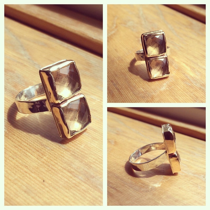 Double Citrine Linx Ring Square faceted stones hammered thick band statement gold bezels handmade silver wide two toned metals genuine