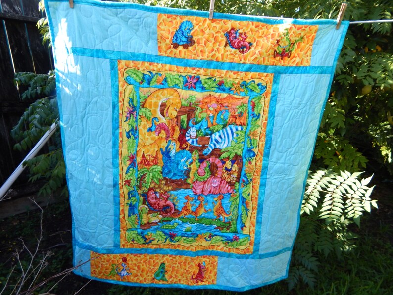 Handmade Teal Dinosaurs Baby Quilt