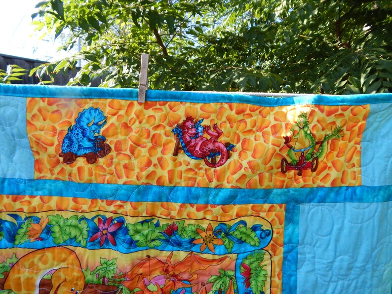 Handmade Teal Dinosaurs Baby Quilt